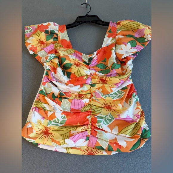 Tea n Cup Tops - Tea n Cup Vibrant Floral Ruched Blouse - Orange, Green, White